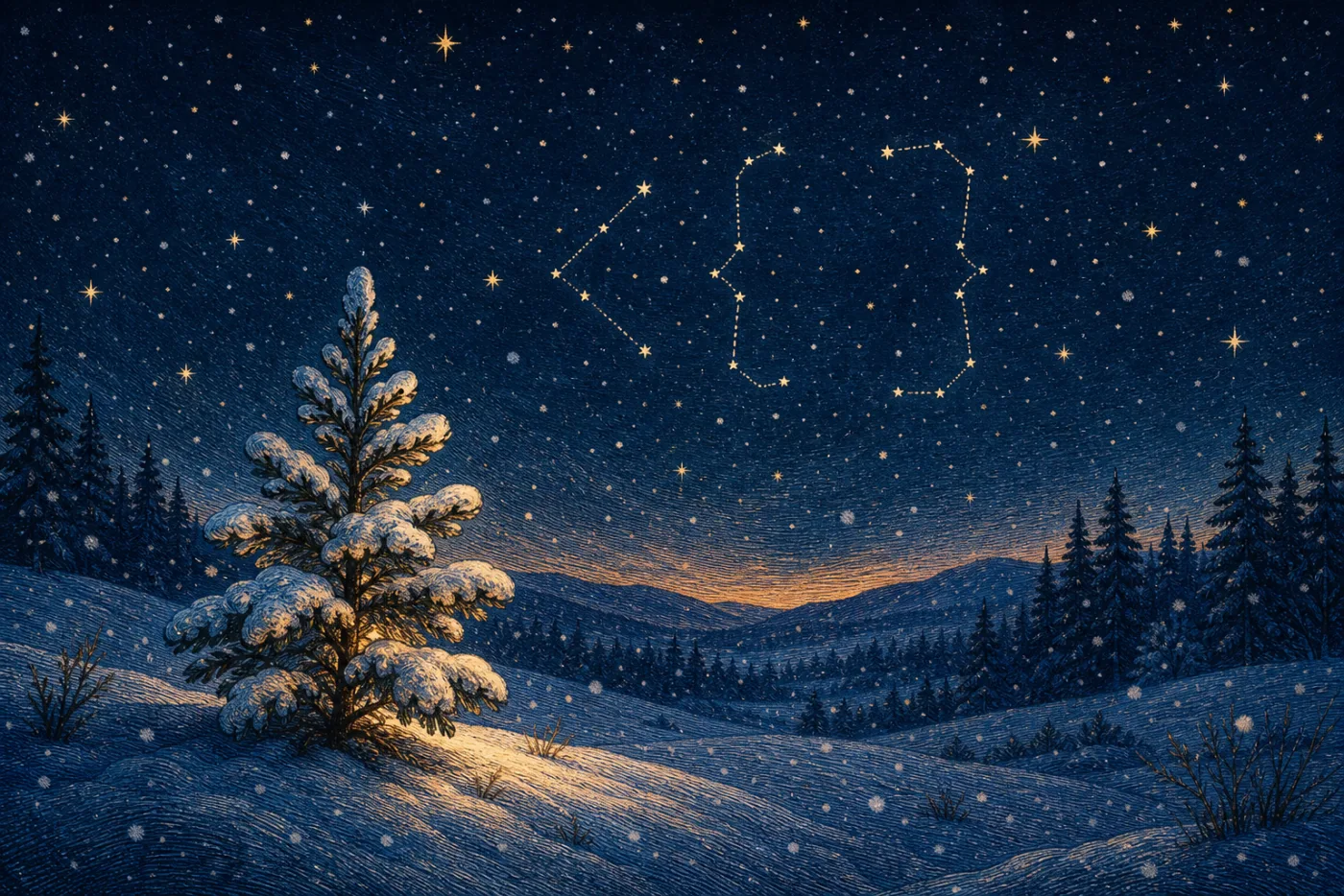 A snow-covered pine tree under a starry midnight sky with golden constellations forming code-bracket shapes.