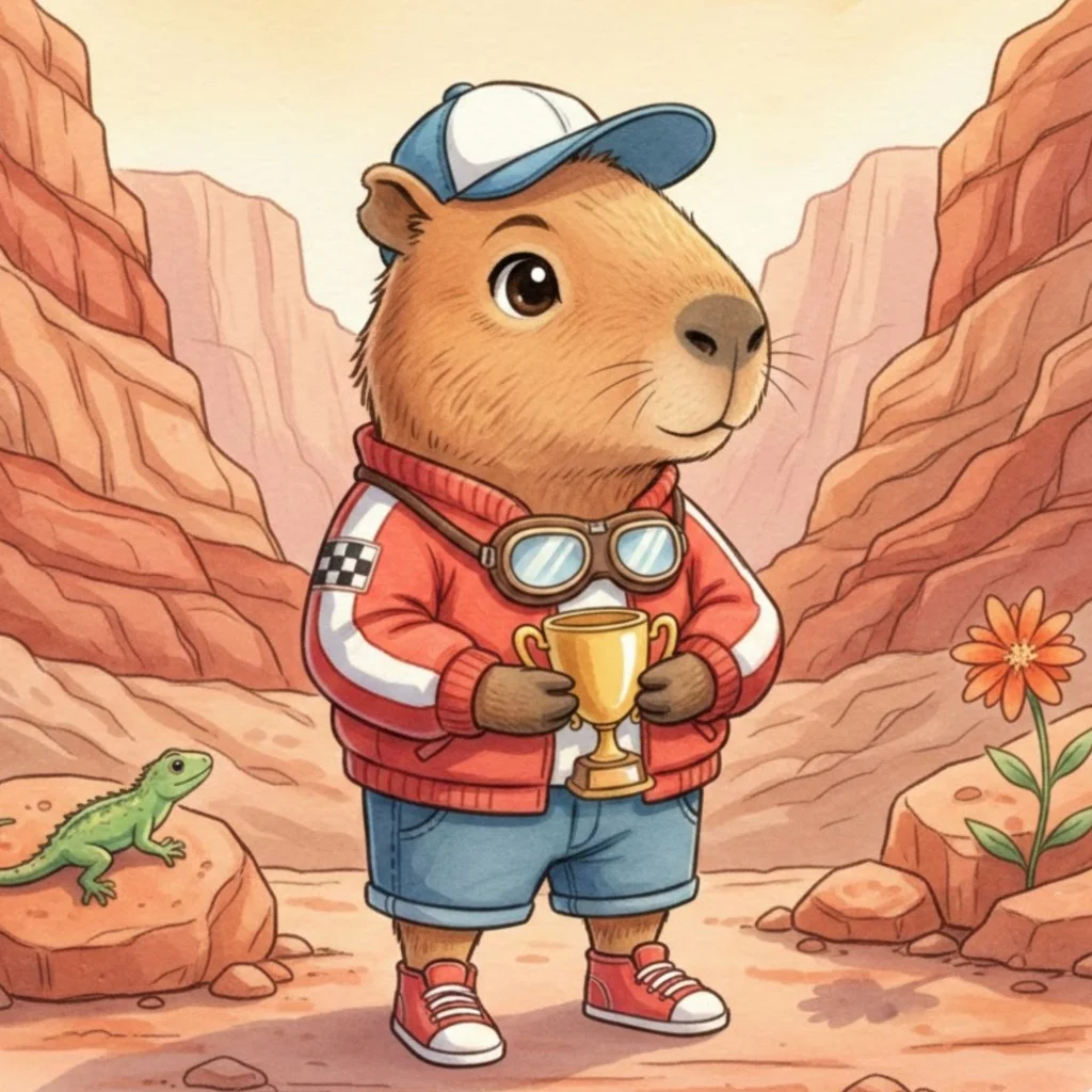A capybara in a blue cap and red racing jacket, holding a golden trophy in a red canyon — watercolour.