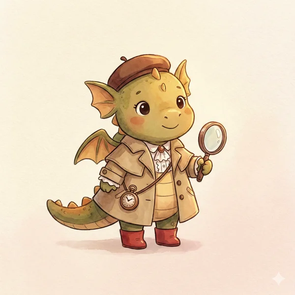 A small green dragon in a detective coat and beret, holding a magnifying glass and pocket watch — watercolour.