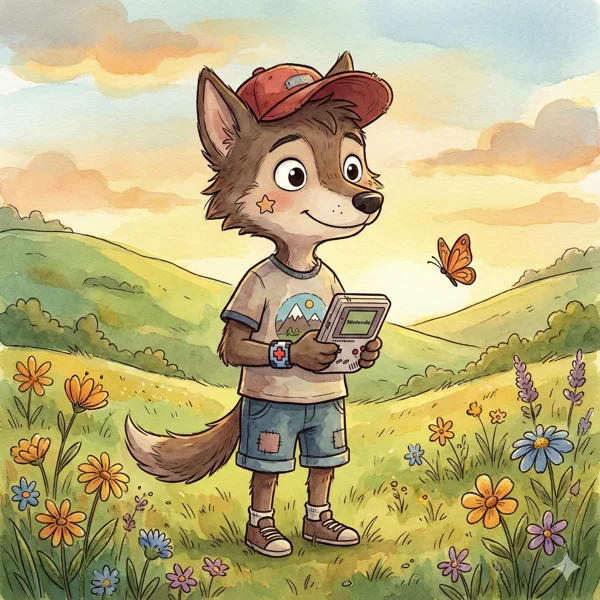 A young wolf in a red cap and graphic tee, playing a handheld console in a sunlit meadow — watercolour.